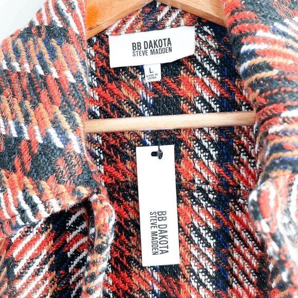 BB Dakota Steve Madden Womens Tweed Jacket Plaid Button Front Orange Large - Picture 8 of 8